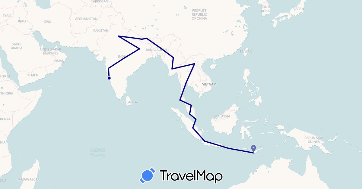TravelMap itinerary: driving in China, Indonesia, India, Laos, Myanmar (Burma), Malaysia, Nepal, Singapore, Thailand (Asia)